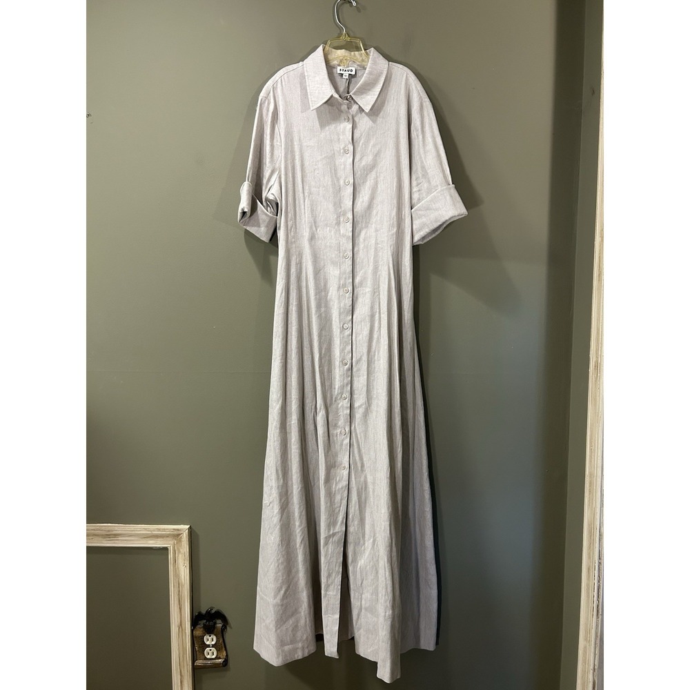 Staud Joan Beige Stretch Linen Blend Maxi Shirt Dress Womens Sz 10 Button Up - Picture 8 of 12